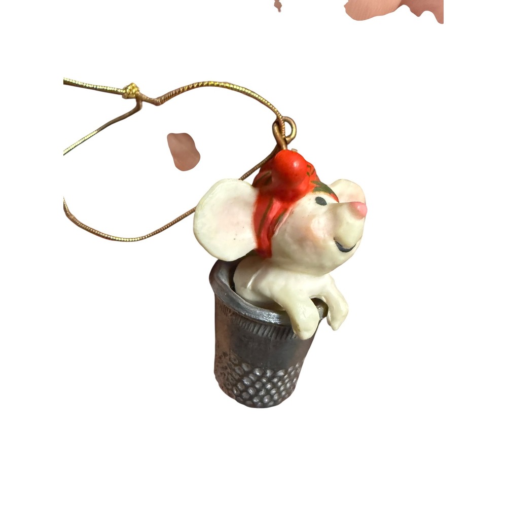 Vintage Hallmark Mouse in Thimble Christmas Ornament Red Green Hat Miniature